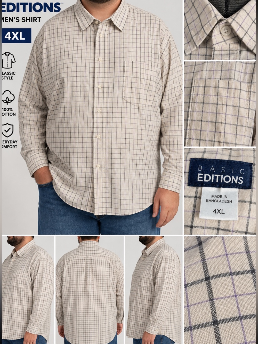 Basic Editions Men’s Beige Plaid Button-Down Shirt with Navy Checks Size 4XL